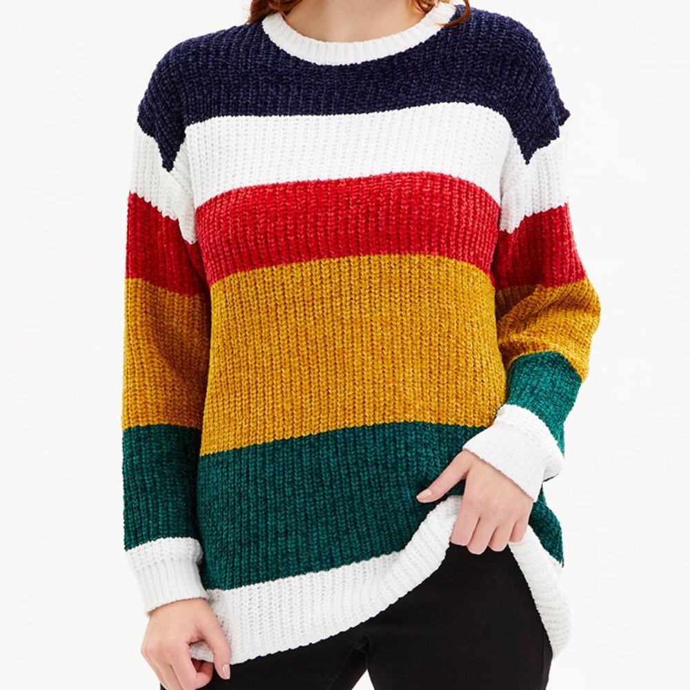 NWT Evelyn Taylor | Mustard & Navy Stripe Chenille Sweater - M